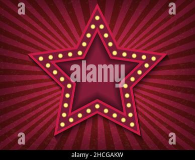 Insegna luminosa al neon da cinema retrò a stelle. Modello banner mostra stile Circus. Poster vettoriale di sfondo Illustrazione Vettoriale