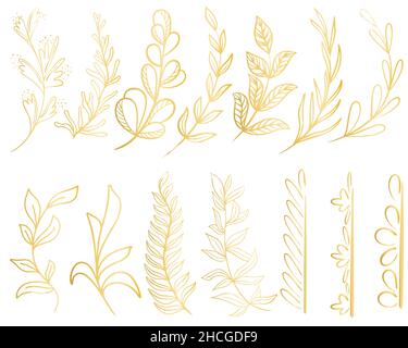 Set di oro frondosi botaniche twig isolato illustrazione vettoriale Illustrazione Vettoriale