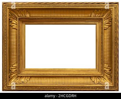 Vecchia cornice quadrata dorata di legno isolata su sfondo bianco Foto Stock