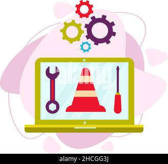 Un computer portatile con un'icona di strumenti e meccanismi. Illustrazione Vettoriale