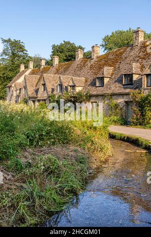 La luce della sera che cade su Arlington Row, fine 14th secolo tessitori cottage nel villaggio di Cotswold di Bibury, Gloucestershire Regno Unito Foto Stock