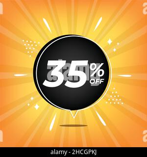 35% di sconto. Banner giallo con trentacinque per cento di sconto su una mongolfiera nera per grandi vendite mega. Illustrazione Vettoriale