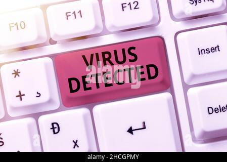 Segno di testo che mostra il virus rilevato. Parola scritta su Un programma per computer utilizzato per prevenire e rimuovere malware Abstract che presenta Ethical Hacker, digitando Foto Stock