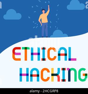 Scrittura visualizzazione del testo Ethical Hacking. Business Approach un tentativo legale di cracking di una rete per la penetrazione di test Man Drawing Raising Hand Sky Foto Stock