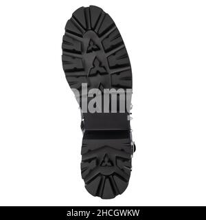Suola nera per scarpe. Isolato su sfondo bianco. Primo piano della suola. Foto Stock