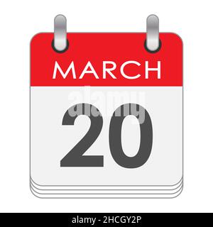 MARZO 20. Una foglia del calendario flip con la data del 20 MARZO. Stile piatto. Illustrazione Vettoriale