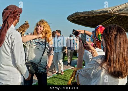 I turisti scattano foto con un falco,Dubai, Emirati Arabi Uniti, Medio Oriente, Foto Stock