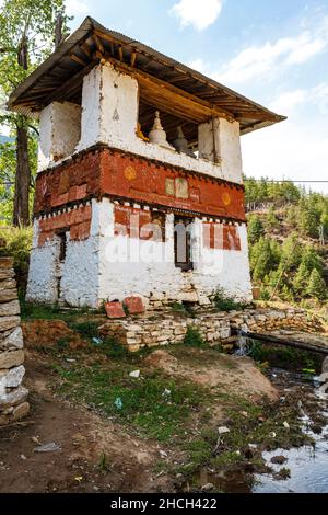 Torre con pagode e coro accanto alle rovine del monastero Drukgyel Dzong a Paro, Bhutan occidentale, Asia Foto Stock