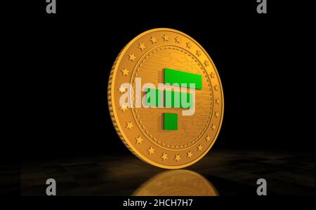 FTX NFT Bahamas, peer-to-peer, piattaforma di criptovaluta simbolo moneta d'oro su sfondo verde schermo. Illustrazione del concetto astratto 3D. Foto Stock