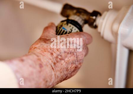 Mano di un anziano con macchie di età sul termostato di un riscaldatore, Colonia, Renania settentrionale-Vestfalia, Germania Foto Stock