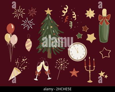 Set di elementi da festa disegnati a mano in stile retrò per il nuovo anno con conto alla rovescia su sfondo rosso scuro. Decorazioni, confetti, champagne, orologio, palloncini, pino, candela Illustrazione Vettoriale