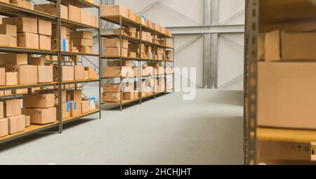 Magazzino con ripiani e scatole di cartone, immagine del concetto di consegna corriere imballato Foto Stock