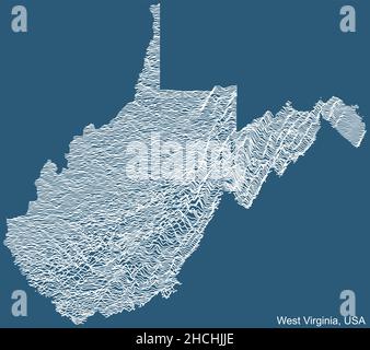 Mappa topografica del rilievo del disegno tecnico dello Stato federale del West Virginia, USA con linee di contorno bianche su sfondo blu Illustrazione Vettoriale