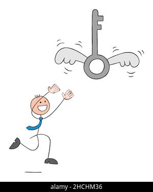 Stickman businessman sta cercando di prendere la grande chiave con le ali. Illustrazione vettoriale di cartoni animati disegnata a mano. Illustrazione Vettoriale