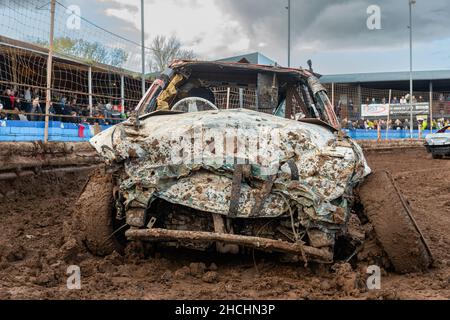 Stadio Mildenhall durante una riunione di gara di Banger 2019 novembre, Regno Unito Foto Stock