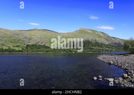 La vista estiva su Helvellyn si è riflessa in Thirlmere Reservoir, Lake District National Park, Cumbria, Inghilterra, Regno Unito Foto Stock