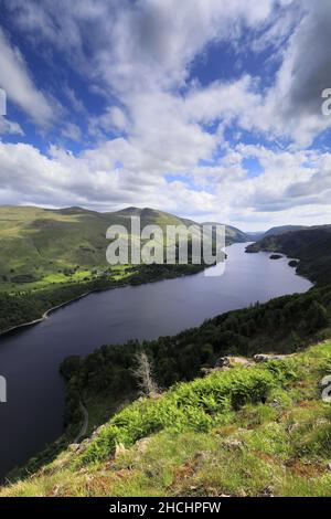 Vista estiva sul Thirlmere Reservoir, Allerdale; Lake District National Park, Cumbria, Inghilterra, Regno Unito Foto Stock