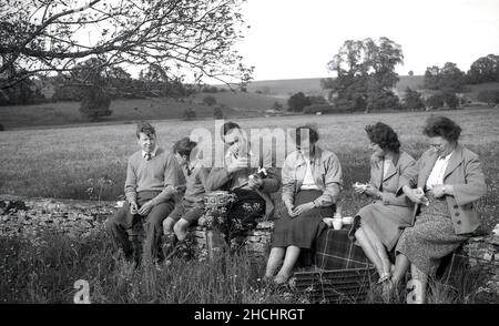 1950s, storica, fuori in un campo di campagna, una famiglia contadina seduta insieme su un muro di pietra con una tazza di tè e uno spuntino, Inghilterra, Regno Unito. Foto Stock