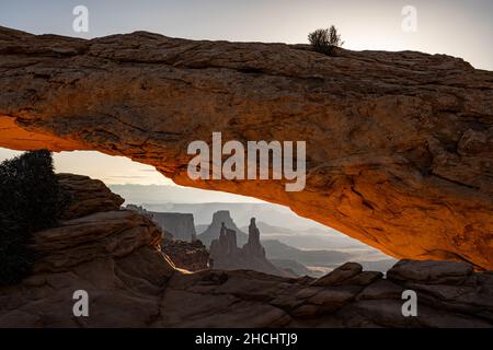 The Washer Woman si alza attraverso la scintillante roccia arancione del Mesa Arch all'alba Foto Stock