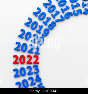 2022 passato nel cerchio rappresenta il nuovo anno 2022, rendering tridimensionale, illustrazione del 3D Foto Stock