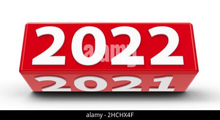 Il cubo rosso (cuboid) con 2022-2021 modifiche su una tabella bianca rappresenta il nuovo 2022, rendering tridimensionale, illustrazione 3D Foto Stock