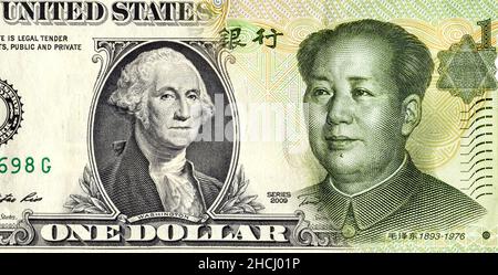 Un dollaro americano senza intoppi nello yuan cinese del 1. Concetto aziendale Foto Stock