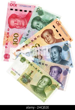 Banconote di denaro cinese con ritratto di Mao Zedong. Valuta cartacea cinese su sfondo bianco Foto Stock