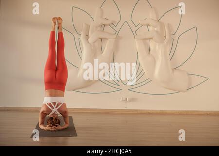 Scatto posteriore di una donna atletica che fa la testa allo studio yoga, spazio copia Foto Stock