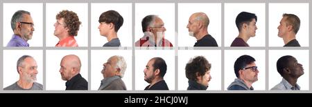 mosaico di uomini diversi su bianco Foto Stock