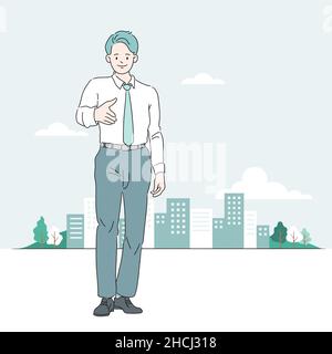 Vista frontale di un uomo d'affari che sta per scuotere le mani. Sfondo dell'edificio. Vettore commerciale stile linea, illustrazione Illustrazione Vettoriale