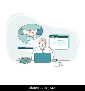 Uomo d'affari che utilizza un computer portatile alla scrivania. Concetto di lavoro a contratto. Vettore commerciale stile linea, illustrazione Illustrazione Vettoriale