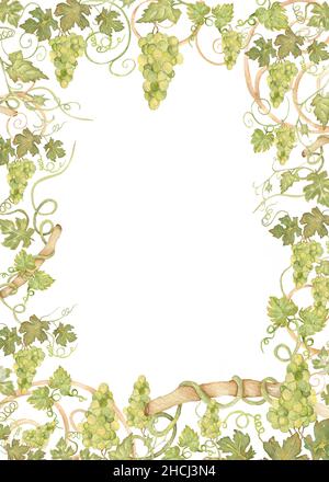 Bella cornice di uve Clipart, Watercolor vino etichetta bordo, foglie clip art, vigneto, frutti verdi, Vinereria, invito al matrimonio, creazione di carte, tag d Foto Stock