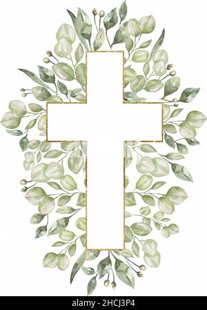 Acquerello dipinto a mano Floral Cross Clipart, Pasqua illustrazione del verde religioso, Battesimo Croce clip arte, Spirito Santo clipart, cornice d'oro, noi Foto Stock