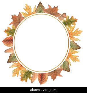 Acquerello autunno foglie Wreath. Fiori disegnati a mano Bouquet cornice illustrazione, caduta foresta floreale clip arte, foglie, matrimonio invito, logo design, Foto Stock