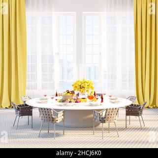 Moderno design interno della sala da pranzo con un tavolo rotondo pieno di cibo e bevande 3D rendering illustrazione 3D Foto Stock