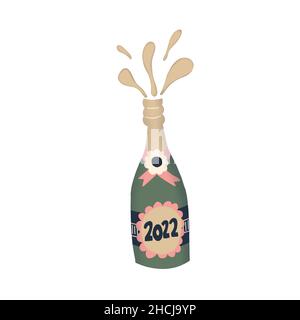 Tema festivo di Capodanno 2022 con una bottiglia di champagne. Esplosione di una bottiglia di vino frizzante per Capodanno 2022. Disegno carino della bottiglia dello champagne. Foto Stock