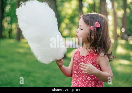 Piccola ragazza carina 3-4 mangiare caramelle di cotone in parco soleggiato tra alberi alti su erba verde Foto Stock