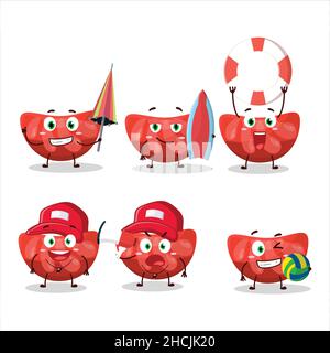 Happy faccia rosso arancio gummy caramella fumetto personaggio giocare su una spiaggia. Illustrazione vettoriale Illustrazione Vettoriale