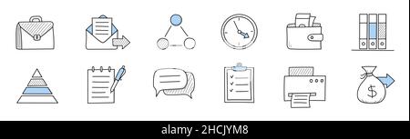 Lavoro d'ufficio, concetto di lavoro con icone doodle di valigetta, orologio, posta e documenti. Set di schizzi vettoriali di lavoro e lavoro, team, messaggio, stampante, borsa e borsa con denaro Illustrazione Vettoriale