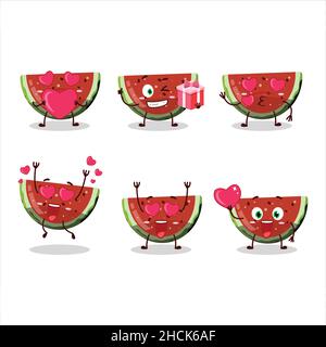 Cocomero gummy caramella personaggio cartoon con amore simpatico emoticon. Illustrazione vettoriale Illustrazione Vettoriale