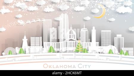 Oklahoma City City Skyline in stile Paper Cut con fiocchi di neve, Luna e Neon Garland. Illustrazione vettoriale. Natale e Capodanno. Illustrazione Vettoriale