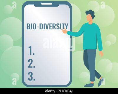 Scrittura visualizzazione testo Bio Diversity. Parola scritta su varietà di organismi di vita fauna marina ecosistema Habitat Man disegno in piedi accanto ad Un grande Foto Stock