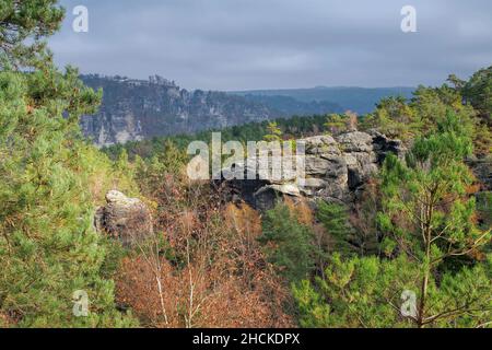 Ponte di Bastei e rocce in Sassonia Svizzera, Sassonia in Germania Foto Stock