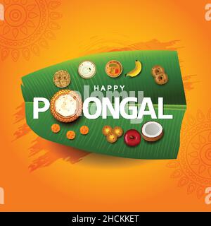 Festa di raccolta dell'India del sud, feste di Pongal felici saluti con gli elementi di Pongal, foglia di banana con il cibo di Pongal. Disegno vettoriale dell'illustrazione Illustrazione Vettoriale