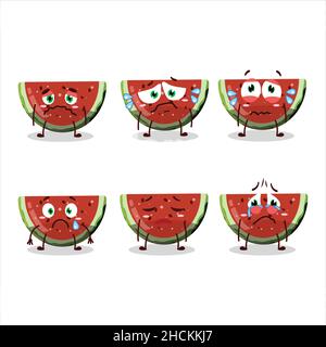 Cocomero gummy caramella personaggio cartoon con triste espressione. Illustrazione vettoriale Illustrazione Vettoriale