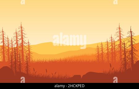 Fantastica vista sulle montagne con la silhouette di alberi secchi del villaggio all'alba. Illustrazione vettoriale di una città Illustrazione Vettoriale