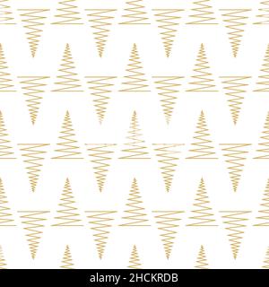 Motivo senza cuciture con alberi di Natale geometrico oro su sfondi bianchi, illustrazione vettoriale. Collezione vacanze invernali. Buon Natale e felice anno nuovo astratto sfondo carta da parati design. Illustrazione Vettoriale