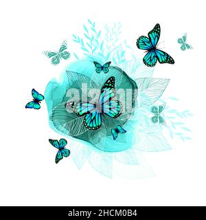 Astrazione da fiori blu e farfalle. Illustrazione vettoriale Illustrazione Vettoriale