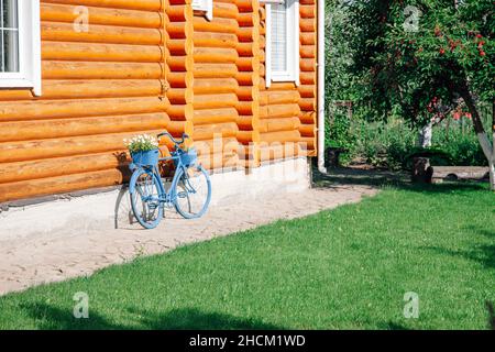 Lato soleggiato di casa di campagna in legno con bicicletta blu decorativa con vaso di fiori sul tronco proppato contro la facciata della casa a sinistra e ciliegio su Foto Stock