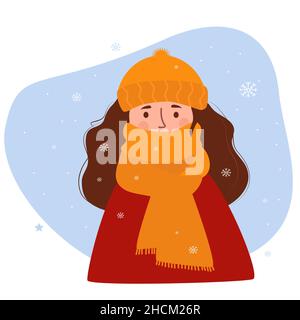 Ritratto di inverno gelata ragazza. Donna in cappello, avvolto al naso in caldo sciarpa contro sfondo di fiocchi di neve. Illustrazione vettoriale. Carattere in Illustrazione Vettoriale